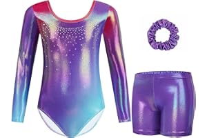 Gogokids, Completo da ginnastica bambina composto da tre pezzi, body senza maniche, pantaloncini e fascia per capelli, tuta danza classica scintillante, con design a colori sfumati, dai 3 ai 12 anni