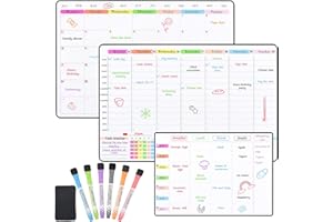 POPRUN Magnetic Calendar Whiteboard for Fridge, Family Weekly Planner, A3 Monthly Planner, Meal Planner Board, Dry Erase Reusable Fridge Planner Kit Monday to Sunday with 6 Markers and Eraser(3 Pack)