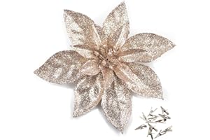 GL-TURELIFES GL-Turelfies - 12 fiori di Natale glitterati (16 cm) con 12 clip a forma di stella di Natale artificiale, decorazioni floreali per albero di Natale (champagne)