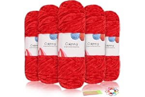 Coopay filato di ciniglia vellutato, 500g (5x100g), filato di ciniglia per uncinetto, lana spessa per lavoro a maglia, lana soffice e vellutata con accessori per uncinetto per sciarpe, coperte - Rosso