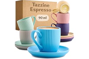 Cosumy Tazzine Caffe Espresso Moderne con Piattino - 6 Tazze 90ml con Manico - Unico disegno a righe - Ceramica Colorate Opaca - Lavabili in lavastoviglie