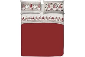 PENSIERI DELICATI Completo Letto Matrimoniale, Flanella 100% Cotone Caldo e Morbido, Completo Lenzuola 2 Piazze 180x200cm, Include Lenzuolo Sotto, Sopra e 2 Federe, Made in Italy, Fantasia Gnomi Rosso
