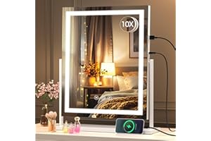 Hasipu Vanity Mirror with Lights, 40 x 50cm LED Makeup Mirrors, Light up Mirror with Smart Touch 3 Color Modes and Brightness Adjustment, 10X Magnifying Glass,360° Rotation