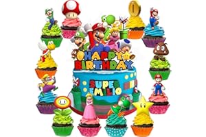 SENIDEA 25 Pcs Mario Cake Toppers for Kids, Mario Cake Decorations for Boys Girls, Mario Cupcake Toppers, Mario Birthday Party Supplies