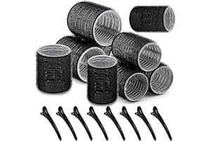 Rollicky Velcro Hair Rollers (Pack of 9) Black | Self Grip Hair Rollers for Hair Volume | Perfect for Wavy, Voluminous Curls | 45mm | Heatless Rollers Curlers with Extra 9 Duckbill Hair Clips