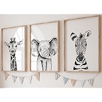 Eviepops Safari Tier Poster 3er Set - Elefant Giraffe Löwe A4 Babyzimmer