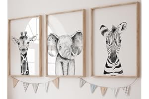 Eviepops Prints Ensemble Animaux Safari de 3 Impressions Sans Cadre pour Chambre d'enfant Fille ou Garçon, Décoration Chambre Posters Décoratifs Muraux, Eléphant Zèbre Girafe (A4)