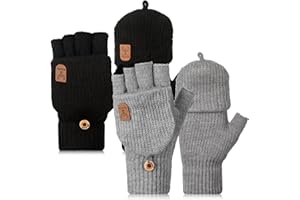 Neer 2 Paia Guanti senza Dita Convertibili Guanti Mezze Dita Caldi in Maglia con Copertura