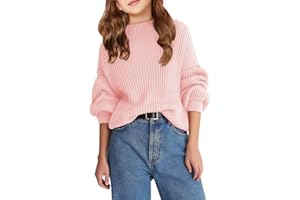Haloumoning Pull Fille Col Rond Manches Longues Pull Tricoté Couleur Unie Lâche Hauts Enfants Automne Hiver Pull à Manches Longues