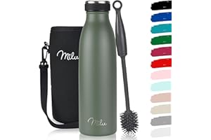 Milu Botella de acero inoxidable de 350ml, 500 ml, 750 ml, 1000 ml, botella de agua aislada, termo a prueba de fugas, apta para ácido carbónico, incluye cepillo de limpieza (verde oliva, 500 ml)