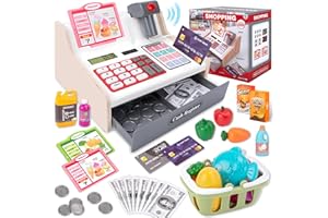 JONRRYIN Cassa Giocattolo in Legno per Bambini, Registratore di Cassa Giocattolo con Scanner e Suoni, Vera Calcolatrice, Soldi Finti, Carrello e Cibo, Cassa Supermercato per 3 4 5 6 Anni (Bianco)