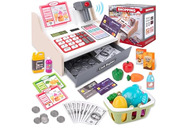 JONRRYIN Caisse Enregistreuse en Bois pour Enfants, 40 Accessoires Caisse Enregistreuse Jouet avec Vraie Calculatrice, Scanner Son & LumièRe, Jeu de Rôle Marchande de 3 Ans (Blanc)