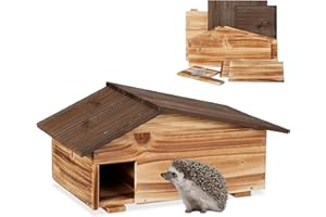 Relaxdays Igelhaus, Holz, Igelhotel mit Boden, 2 Kammern, Winterquartier für Igel, Garten, HBT: 24x46x33,5 cm, braun