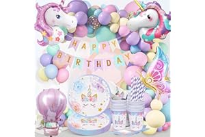 YFKJEU 147 Stück Einhorn Geburtstag Partygeschirr Set, Pappteller Kindergeburtstag Deko Luftballons, Einhorn Geburtstagsdeko Ballon Party Geschirr Pappteller Tassen Servietten für Party Kindergeburtstag