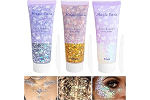 OMLALAYI Purpurina Cara,Glitter en Gel,Purpurina Maquillaje,Purpurina Pelo,Glitter Maquillaje,Brillos para La Cara,Para Cuerpo,Cabello,para Maquillaje Festivo del Partido de Mascarada(Amarillo+Plata+Blanco)