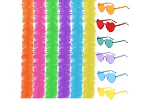 AWAVM Paquete de 6 boas de plumas y 6 lentes de sol, boa de 6.5 pies para mujer, boas esponjosas artificiales para baile, boda, fiesta, cosplay, Halloween (12 piezas)