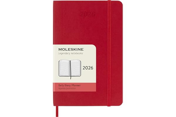 Moleskine Agenda Quotidien, Agenda Journalier 2026 12 Mois, Avec Couverture Souple et Fermeture Élastique, Format Pocket 9x14, Couleur Rouge