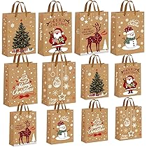 AhfuLife 12 Sacchetti Regalo Di Natale In Tessuto Non Tessuto, 26x21x12 Cm, Riutilizzabili Con Manici, Motivi Natalizi Vari, Per Regali, Spesa E Feste