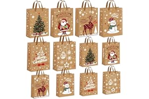 AFXXE 12 Pièces Sac Cadeau Noel, Grand/Petit Format Différentes Tailles Pochette Enfant, Emballage Réutilisables, Sachet Papier Kraft avec 6 Motifs(32x25x11.5cm/27x21x11.5cm)