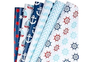 RUSPEPA Foglio Di Carta Da Regalo - Ancoraggi Nautici Design Blu Per Compleanno, Vacanze, Matrimonio, Baby Shower - 1 Rotolo Contiene 6 Fogli - 44,5 X 76 cm Per Foglio