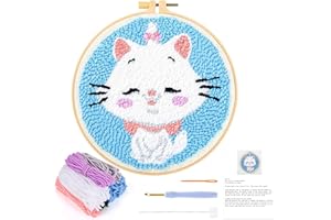 JSRQT Kit de Démarrage Punch Needle, Broderie D'Aiguille de Poinçon Avec Tissu, Fils, Cerceaux à Broder pour Aiguille à Pincer (Chat Blanc)