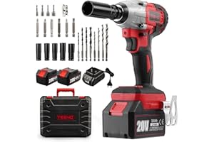 TEENO - Llave de impacto, inalámbrica, sin escobillas, 320 Nm, con batería de 3,0 Ah,andamio,pernos de ruedas,caja de 25 accesorios 2 Baterías