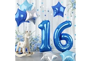 GOVPY 16th Birthday Balloon for Boys, 40 Inch Royal Dark Navy Blue Number 16 Mylar Balloon, Silver Sky Light Blue Self Inflating Star Foil Balloon 16 for Girls Birthday Graduation Party Decoration Supplies