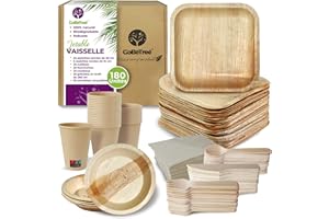 GOBETREE Vaisselle jetable en feuille de palmier 180 pièces pour 25 personnes. Assiettes en feuille de palmier biodégradables Comprend 30 assiettes, 75 couverts, 25 verres et 50 serviettes
