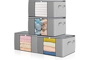 GoMaihe Sac de Rangement Vetement 90L: Housse Rangement Couette Organisateur de Placard, Boîte de Rangement sous lit | Fenêtre Transparente | Pliable | Poignée Renforcée, 4 Pièces Gris