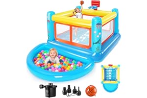AKEYDIY Aufblasbare Hüpfburg für Kinder von 3–6 Jahren, kleines PVC-Hüpfburg-Spielhaus mit Hüpfkissen, herausnehmbarem Bällebad, Basketballkorb und Hüpfspiel, inklusive Luftpumpe
