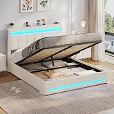 AOGLLATI Double Beds 140 x 190 cm with Hydraulic Storage, Divan Bed with Adjustable Headboard, Bed Frame with LED Lights and