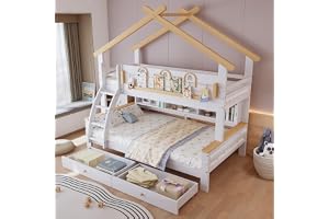 Aunvla Våningssäng, barnsäng, två lådor med hjul, utsökt dekorativ skyddsräcke och takdesign, sluttande fyra våningar, tall +