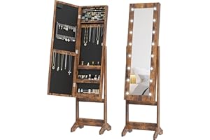 HOMCOM Freestanding Mirror Jewelry Cabinet with LED Lights, Jewellery Organiser with 3 Angle Adjustable, Full-Length Mirror with Storage for Earrings, Necklaces, Rings and Lipsticks, Rustic Brown