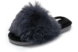 JOMIX Kapcie damskie futrzane z otwartym palcem, sztuczne futro, eleganckie, wygodne kapcie domowe