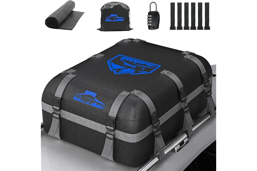 Rymopuey Roof Bag, Waterproof Car Roof Bag No Rack Needed, Car Roof Box with Anti-Slip Mat and 8 Heavy-Duty Straps, Folding Soft Roof Box for Cars with/Without Rack (Gray-20Cubic)