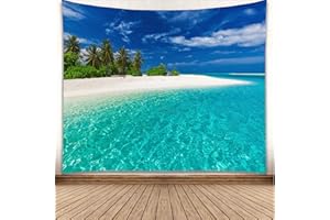 YISURE Seaside Nature Art Landscape Clear Water Ocean Beach Tapestry Tropical Coconut Palm Tree Beach under Blue Sky Wall tapestries for Home Dormitory Decor, 80" x 60"