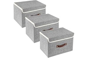 TYEERS Collapsible Storage Box with Lid, Fabric Storage Box for Clothes, Wardrobe Storage, 38x25x25 cm, Set of 3, Grey