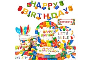 FRUITFUL PARTY 129pcs Baustein Party Dekoration&Baustein Geburtstag Partygeschirr-Baustein Party Teller Bausteine Servietten Becher Tischdecke Banner etc Baustein Partyzubehör für 16 Kinder