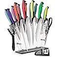 nuovva Professional Kitchen Knife Set with Block - Colourful 17 Piece Knives Set with Steak Knives - Clear Acrylic Block High Carbon Stainless Steel Blades - with Knife Sharpener Peeler and Scissors