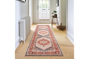Carvapet Alfombras de Pasillo Larga 60x240cm Alfombra Corredor Antideslizante Naranja Alfombras de área Lavable Suave Microfibra Medallón Vintage Alfombra Comedor Pasillo