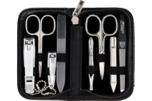 ‎3 SWORDS GERMANY DREI SCHWERTER - 8-tlg. Maniküreset 'Roma' | Hochwertiges Nagelpflegeset im Strauss-Optik Kunstleder Etui | Inhalt: Nagelscheren Set, Fuß- & Nagelknipser, Pinzette, Glasnagelfeile, Saphirnagelfeile