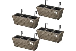 GARTENFREUDE Jardinera para balcón de polyrattan Incluye suspensión y 3 Insertos plásticos, Color Capuchino, 4 Piezas, 47 x 17 x 15 cm