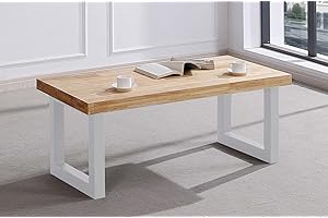 ADNATURA. Mesa de Centro Elevable Bruce 120, Mesa Café Madera Roble Cálido y Patas Metálicas Mate Blanco. 120x60x47,5-62,5 cm