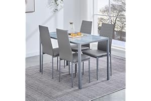 Paonne Glass Dining Table Chair Set 4, 5Pcs Dining Room Set 4, Glass Rectangular Table with PU Leather Chairs Modern Home Kitchen Furniture Set