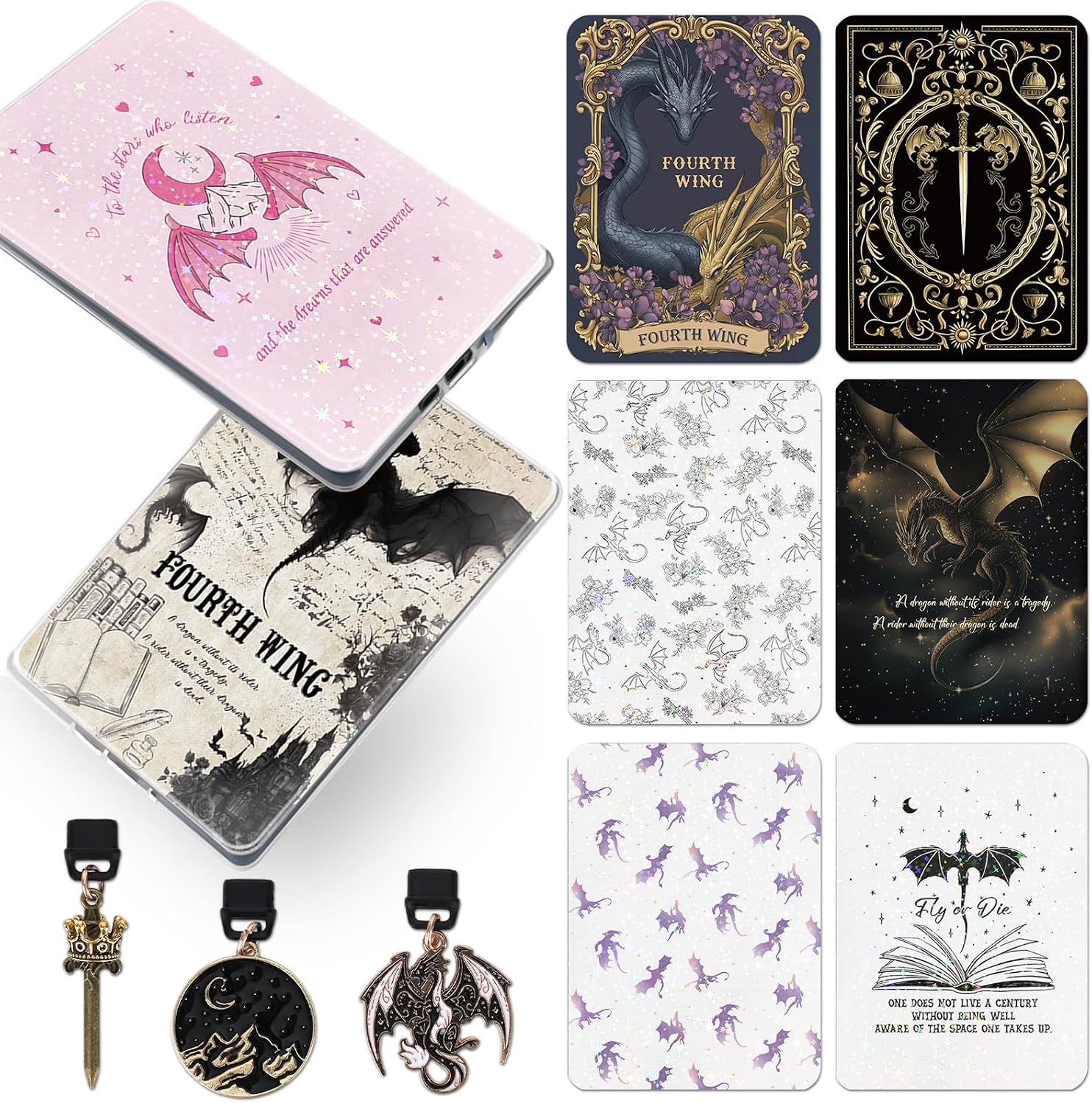 Berirexrion Inserts Cardstock for Clear Case - 11 PCs Dragon Acotar Moon Back Skin Decal Card Dust Plug Charms for Kindle Paperwhite 11th 12th Generation Accessories for E-Reader Bookish Reader Gifts