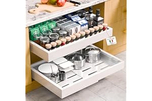 Kiseely 2 Pacchi Cassetti Estraibili per Cucina, larghezza regolabile 32-53 cm, cassetti estraibili e cassetto estraibile per pentole e padelle, vite adesiva senza trapano (Bianca FA1)