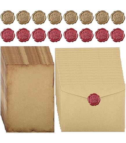 Vintage briefpapier met envelop, decoratief kraftpapier, vintage envelop, 10 vintage papieren enveloppen, 16 vintage briefpapier en 10 waszegelstickers, om te schrijven en te tekenen