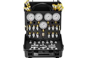 VEVOR Kit de Test de Pression Hydraulique, 10/100/250/400/600 bars, 5 Manomètres, 13 Raccords, 14 Connecteurs en T, 5 Tuyaux, Jauge avec Étui de Transport pour Excavatrices Machines de Construction
