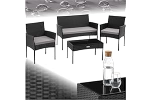 TecTake® Conjunto Jardin Exterior de Ratán, Muebles Jardin Exterior para 4 Personas, Muebles Terraza con Mesa de Vidrio, Sofa Exterior y Sillas con Cojines Lavables, Sillon Jardin Cómodo - Negro