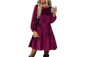 ZEAGOO Samtkleider Damen Langarm Elegant Winterkleid Rundhals A-Linie Freizeitkleider Herbstkleider mit Taschen Rüschen Minikleider S-XXL
